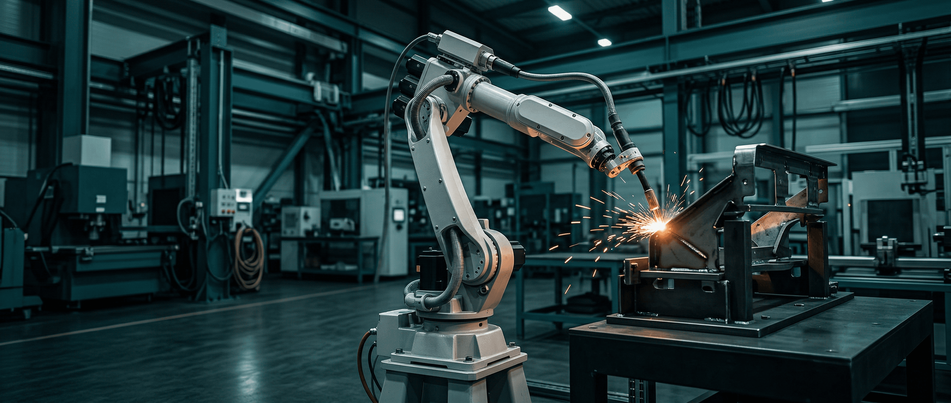 Industrial robot arm performing precision welding